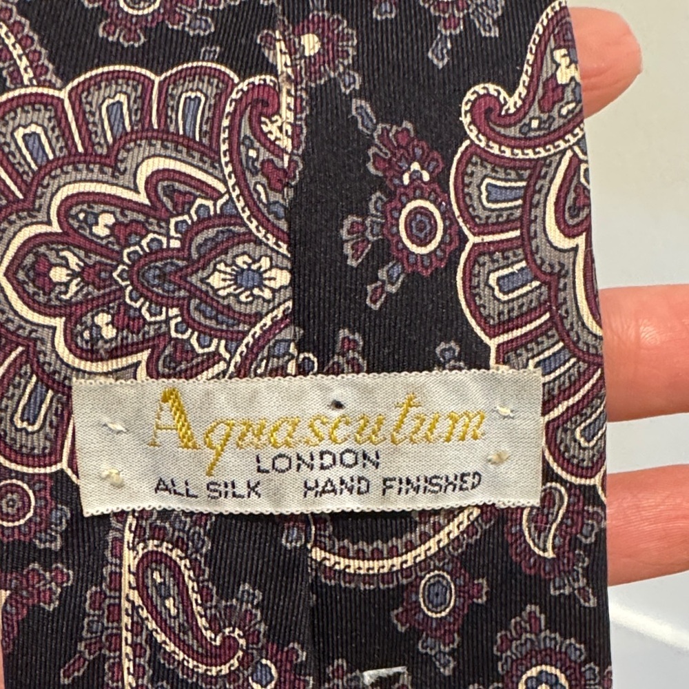 Aquascutum London Black Paisley Silk Tie with Brown and Burgundy Accents - Picture 2 of 5